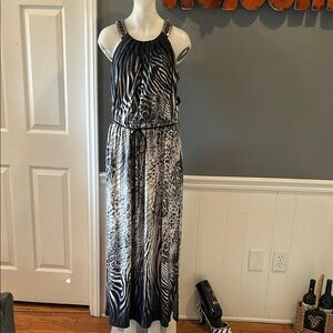Sandra Darren Elegant Animal Print Maxi Dress With Silver Detail on Sleeves